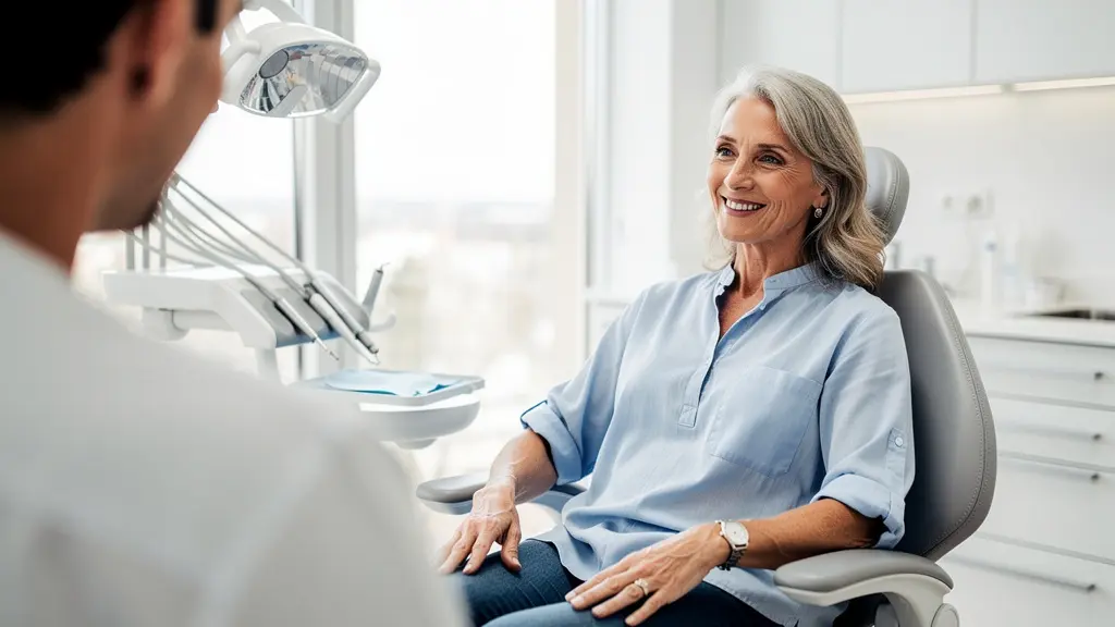 Patiente européenne cinquantaine en consultation dentaire détendue pour mutuelle dentaire