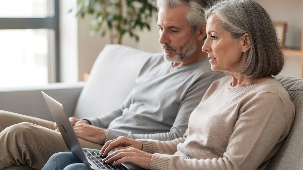 Couple européen cinquantaine comparant options mutuelle dentaire sur ordinateur