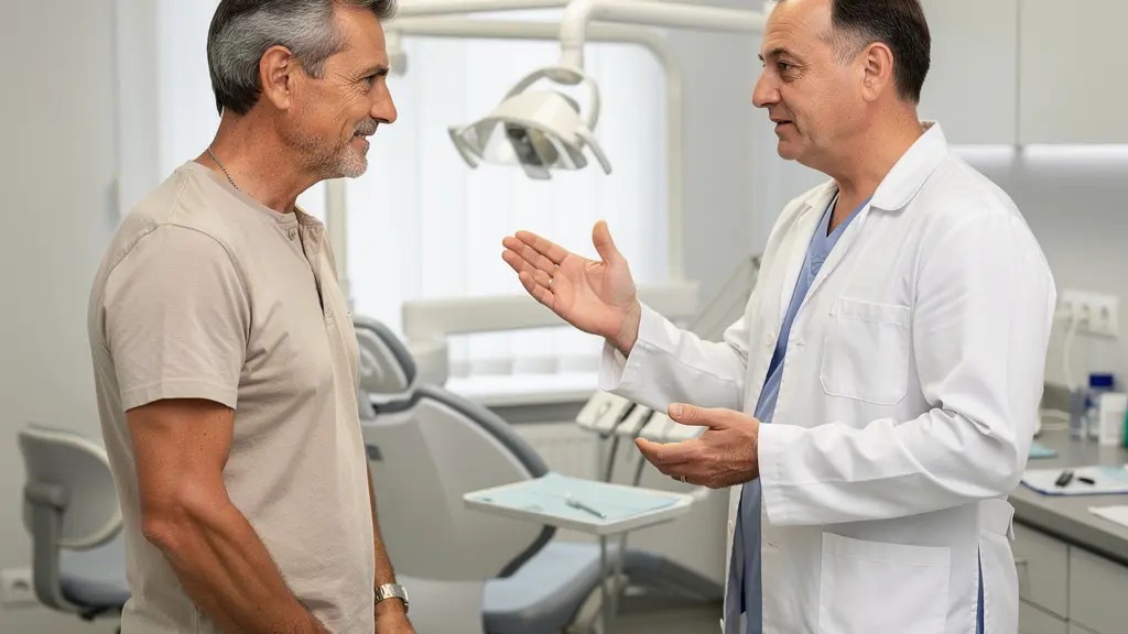 Patient homme quarantaine en discussion avec dentiste sur implant dentaire